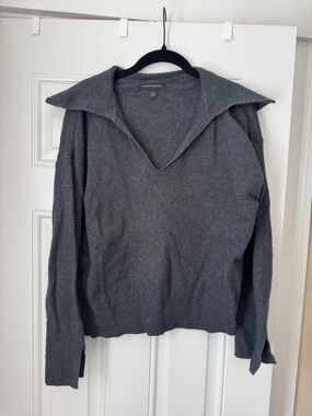 Banana Republic Charcoal V-Neck Sweater with Fold-Over Collar